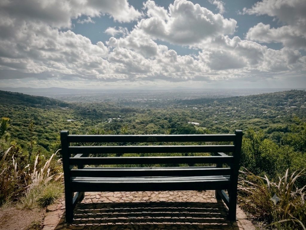 Wooden bench overlooking the mountains, reflecting space for clarity and insight