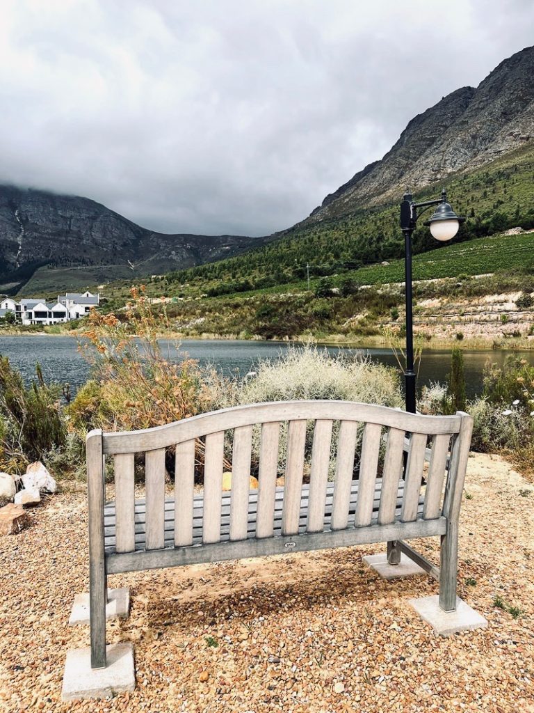 Wooden bench overlooking the mountains, reflecting space for clarity and insight
